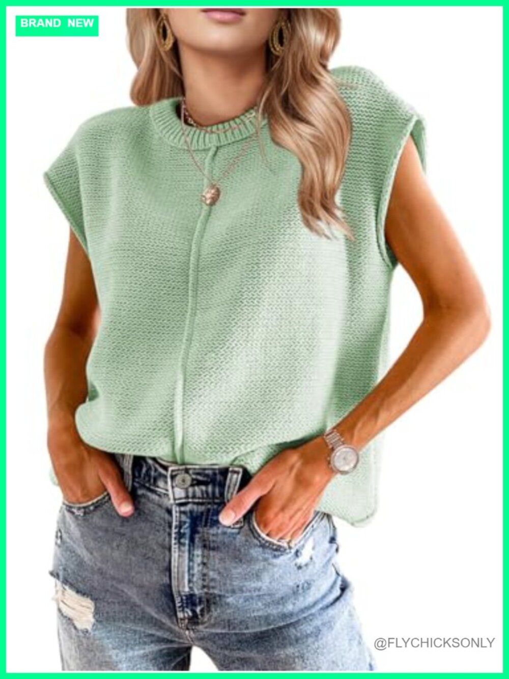 Womens Crochet Sweater Vest Cap Sleeve Crew Neck Loose Fit Casual Boho Top